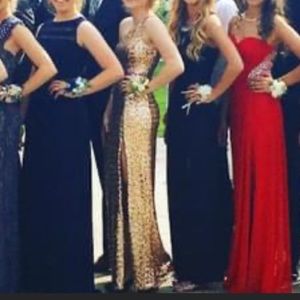 Gold, sequin, one shoulder, slit, form fitting, prom dress